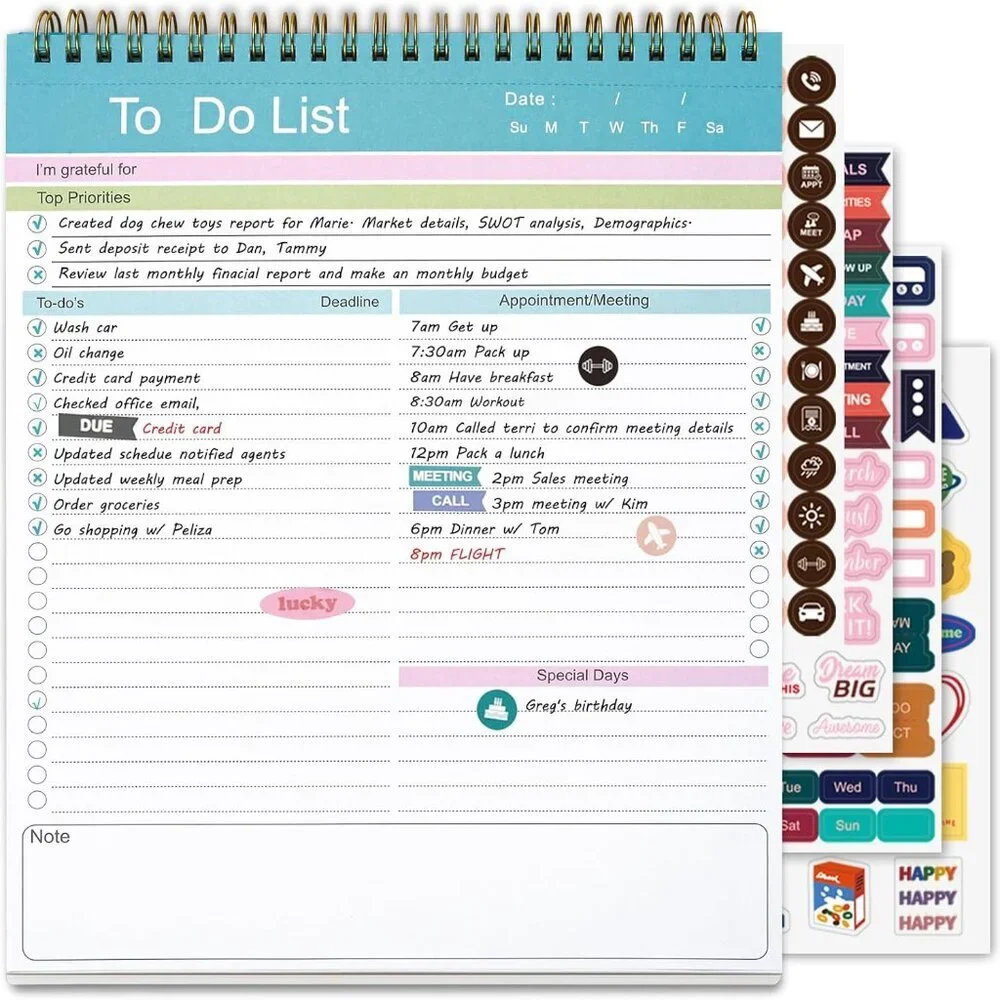 To Do List Notepad, Spiral Bound Undated Daily Planner, 52 Sheets 8.5" X 10.5" T